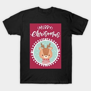 Merry Christmas, greetingcard with a cute little deer in the snow T-Shirt
